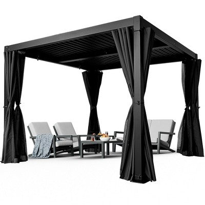 Adjustable Louvered Pergola with Curtains and Nets