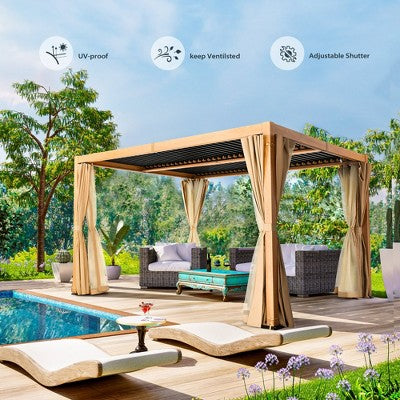 Adjustable Louvered Pergola with Curtains and Nets