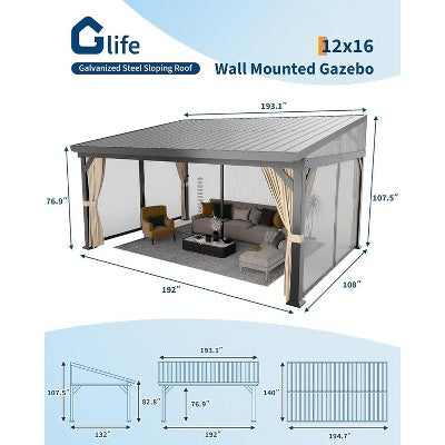 3.7m x 4.9m Wall-Mounted Hardtop Gazebo Set
