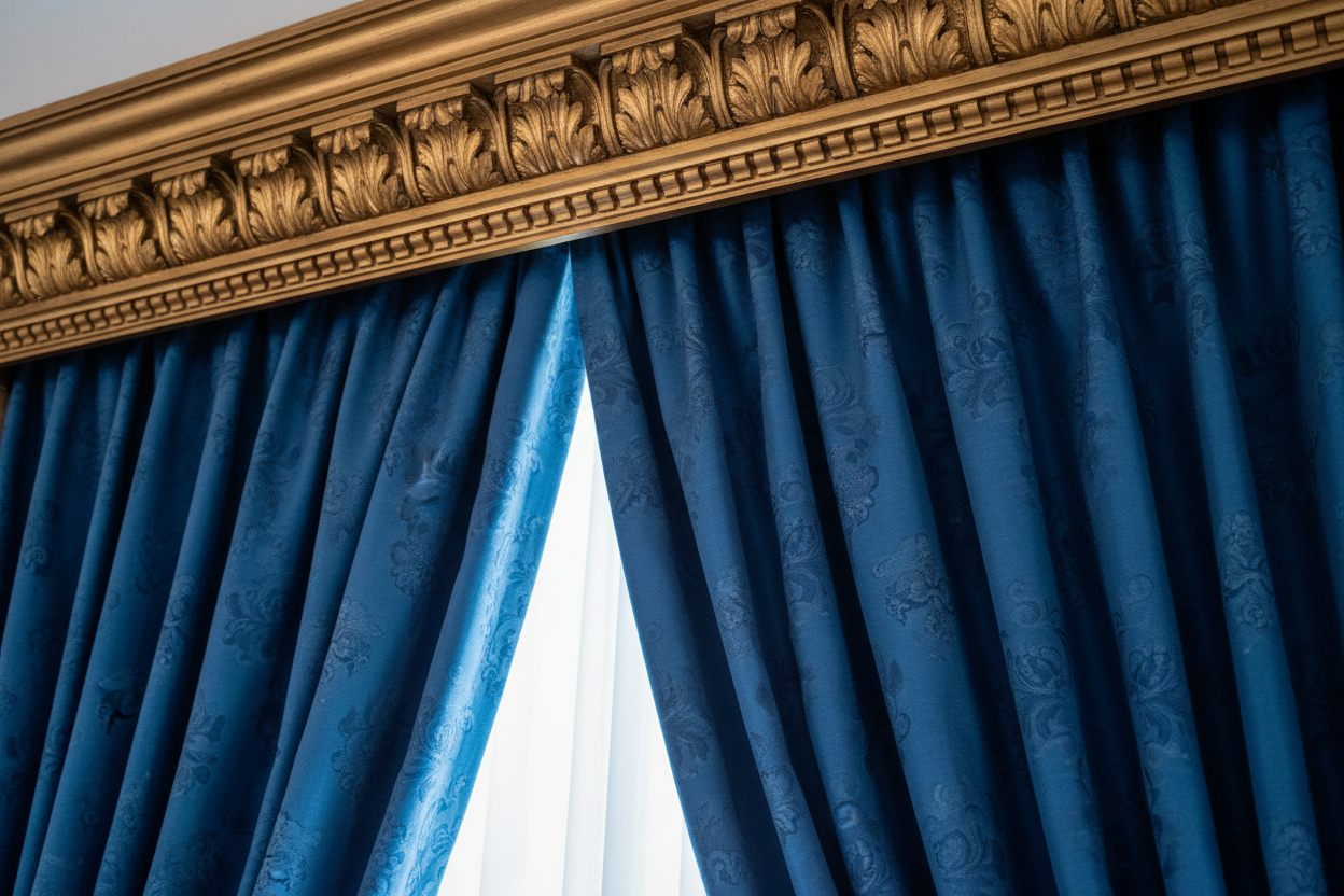 photo of curtains + cornice close-up.
